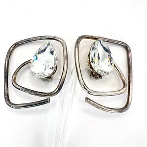 Vintage Large Silver Metal Square Spiral Faceted Glass Crystal Clip On Earrings